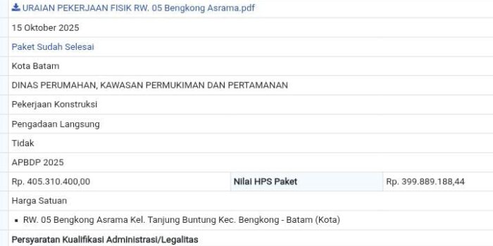 Manipulasi SBU di Balik Proyek Batu Miring Batam?