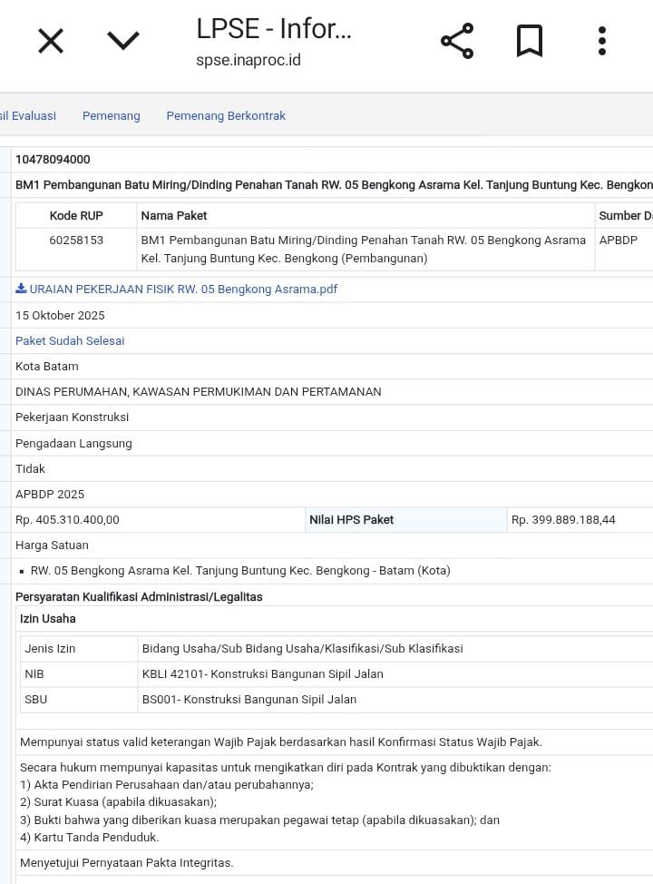 Manipulasi SBU di Balik Proyek Batu Miring Batam?